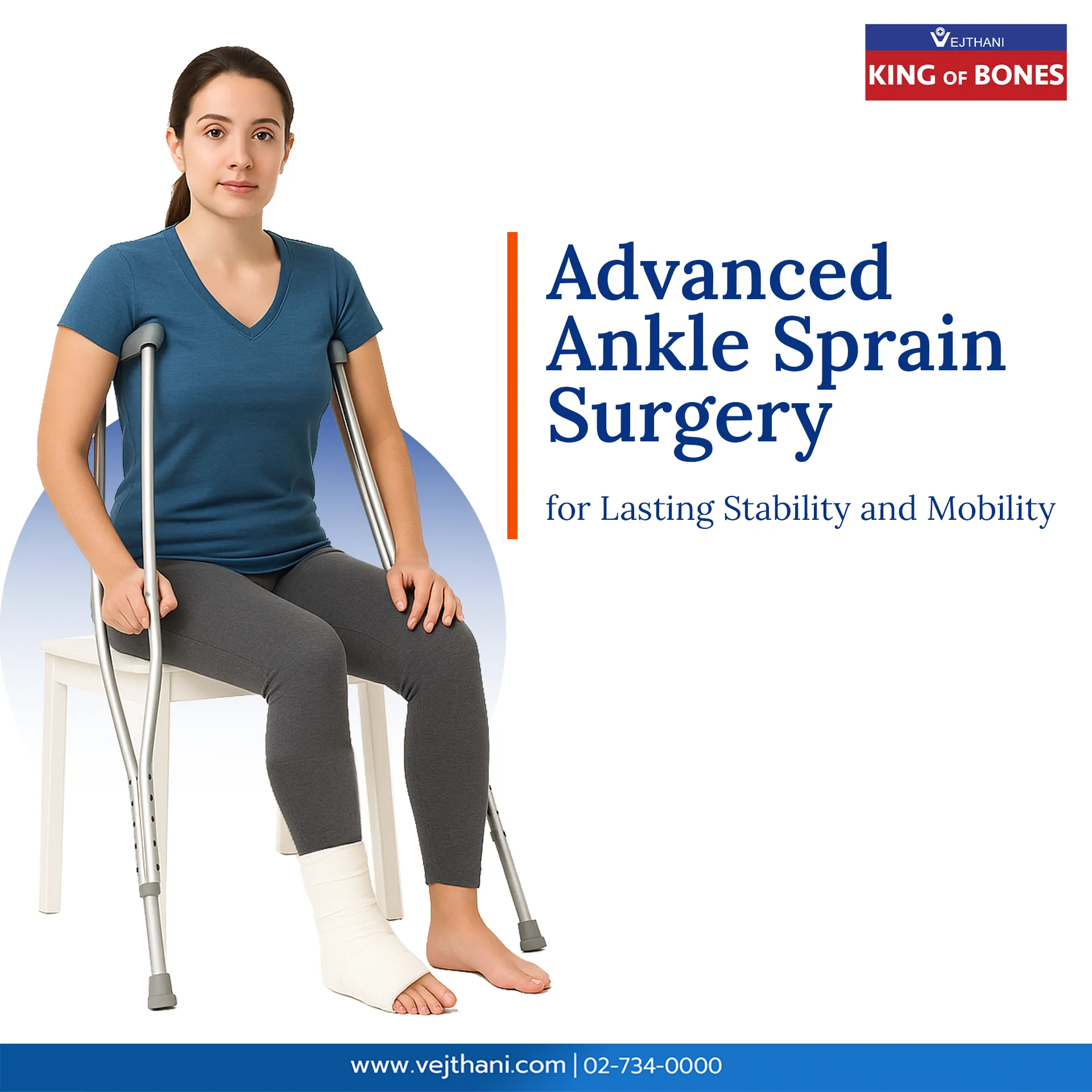 Woman with crutches and ankle bandage sitting on chair, symbolizing treatment for severe ankle sprain and ligament repair surgery at Vejthani International Hospital