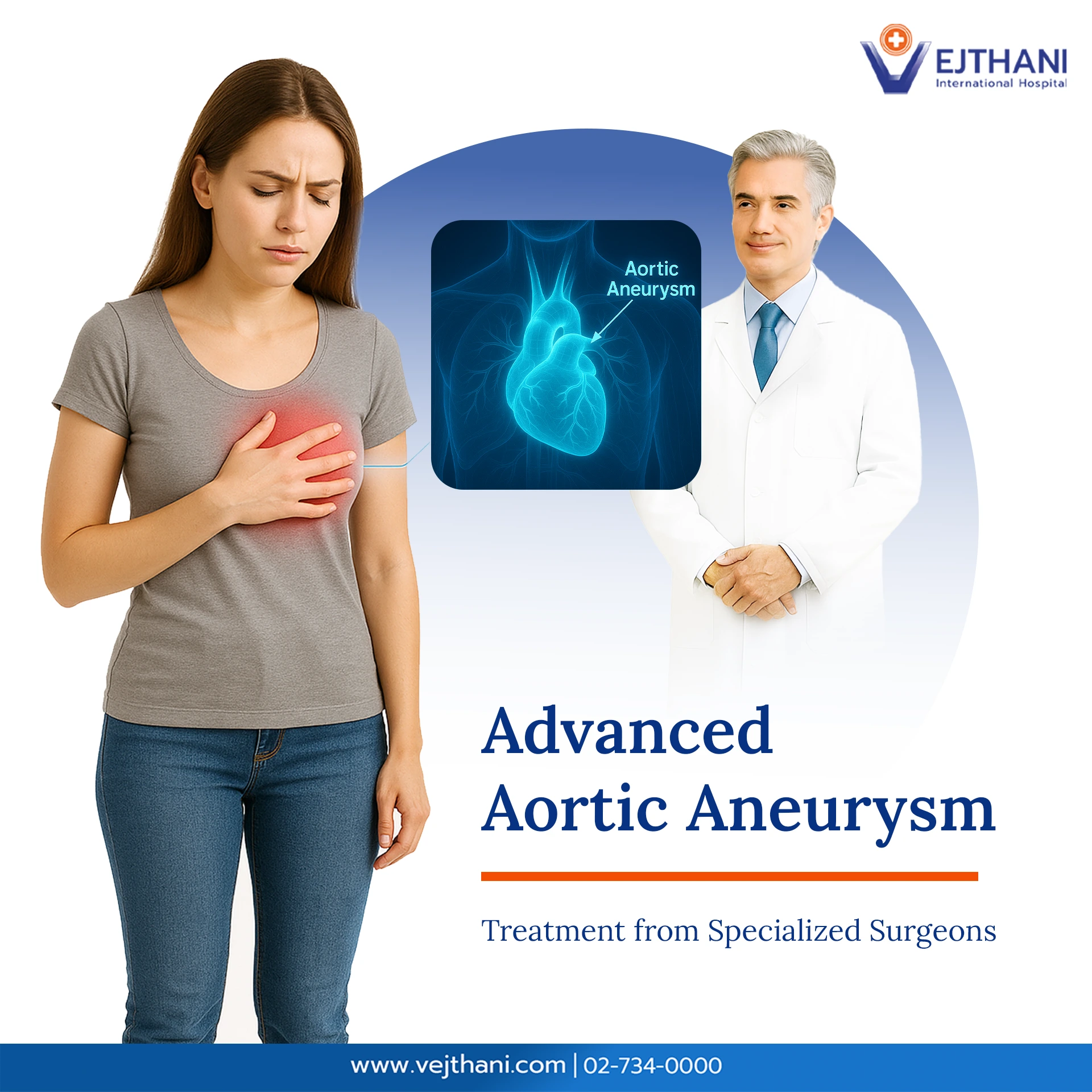 Advanced Aortic Aneurysm Treatment Woman with chest pain beside doctor and heart diagram highlighting aortic aneurysm, representing advanced treatment options at Vejthani International Hospital.