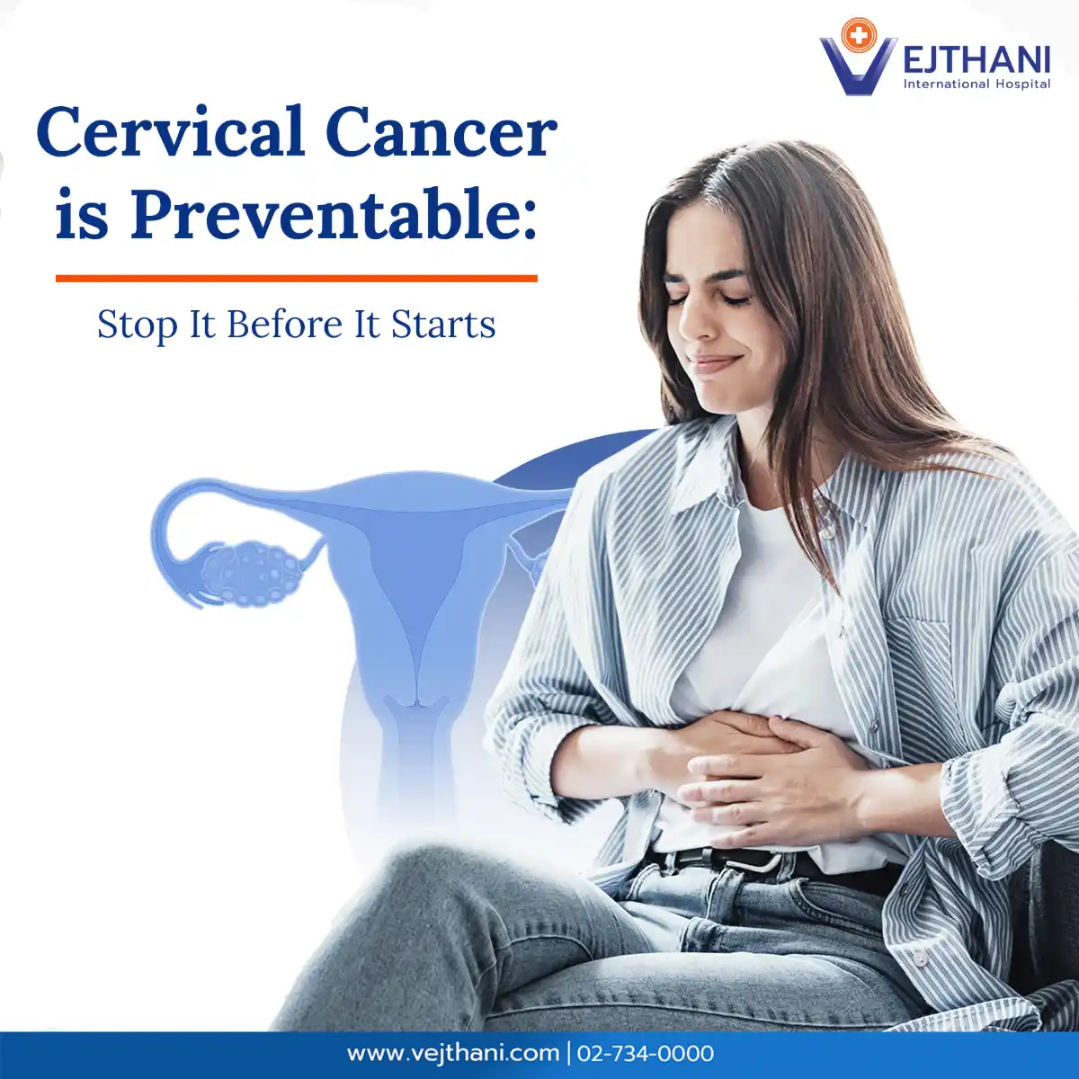 Cervical Cancer Prevention – Vejthani International Hospital Young woman with abdominal pain sitting against a background illustration of the female reproductive system, highlighting cervical cancer awareness and prevention.