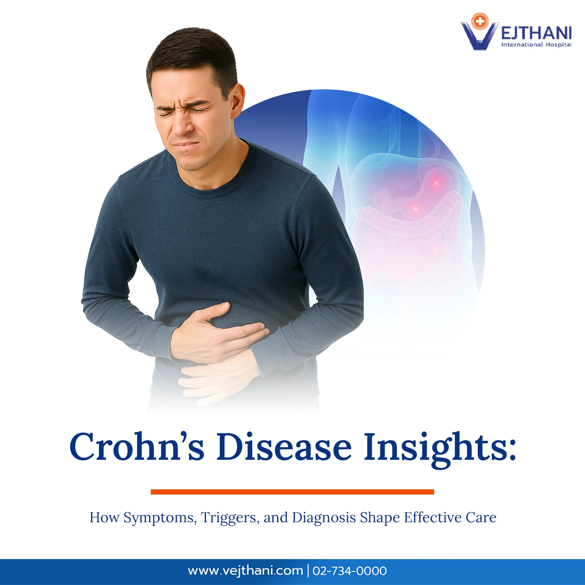 Man clutching his abdomen in pain with digestive system illustration, representing Crohn’s Disease symptoms, diagnosis, and treatment at Vejthani International Hospital
