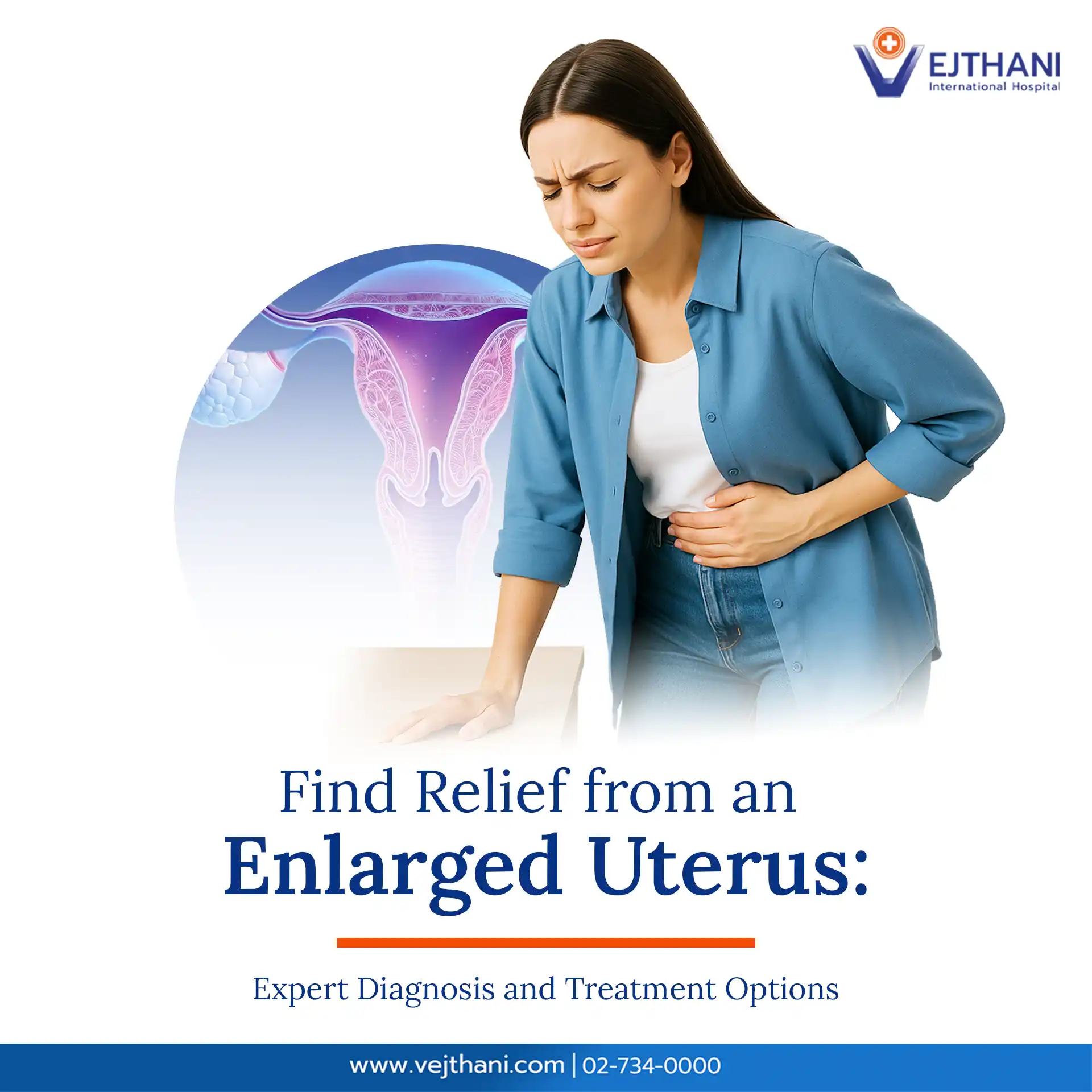 Woman with abdominal pain holding her stomach, symbolizing symptoms of an enlarged uterus, with medical uterus illustration in background – expert diagnosis and treatment at Vejthani International Hospital