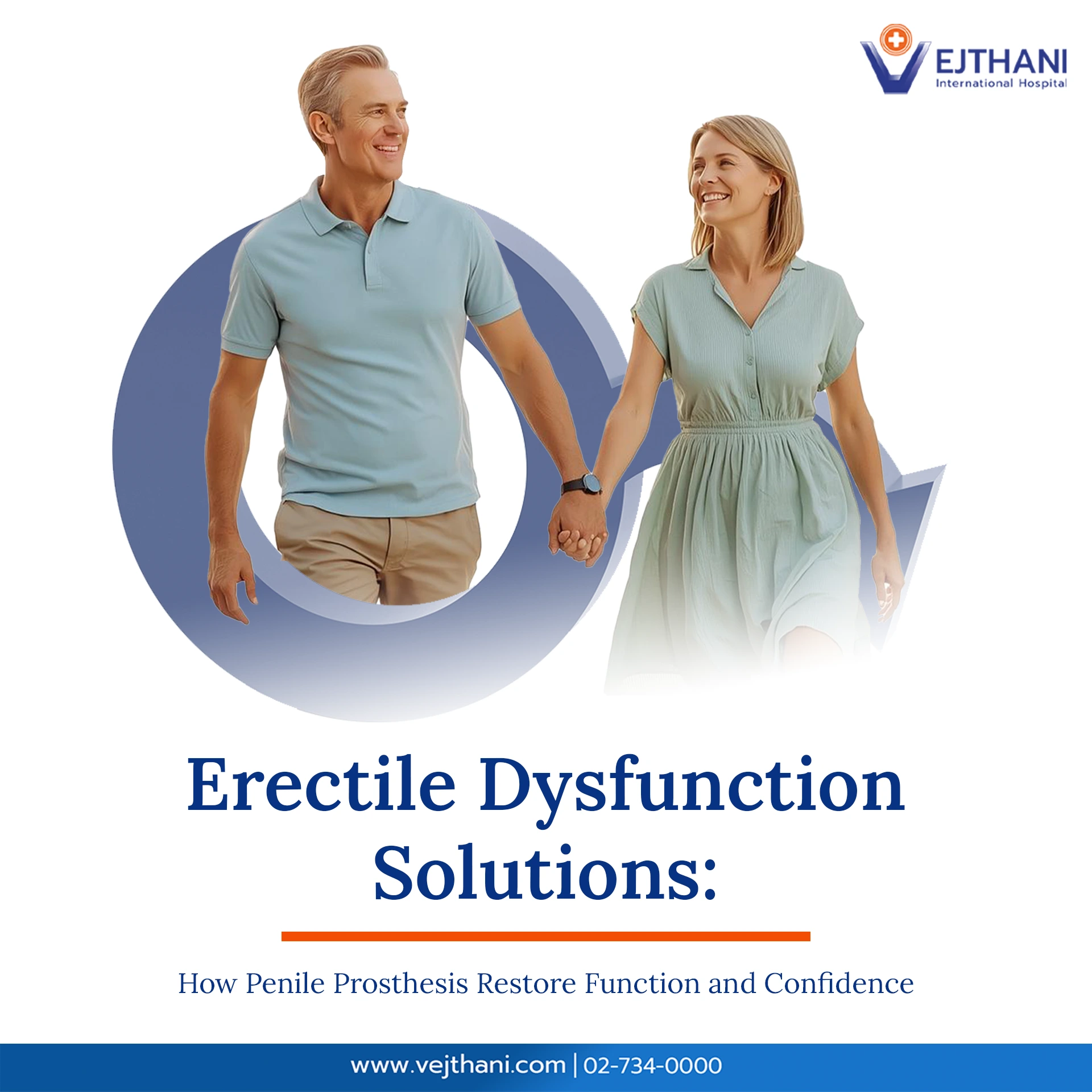 Erectile Dysfunction Solutions – Penile Prosthesis & Restored Confidence Smiling couple holding hands, symbolizing restored intimacy and confidence after erectile dysfunction treatment with penile prosthesis at Vejthani International Hospital