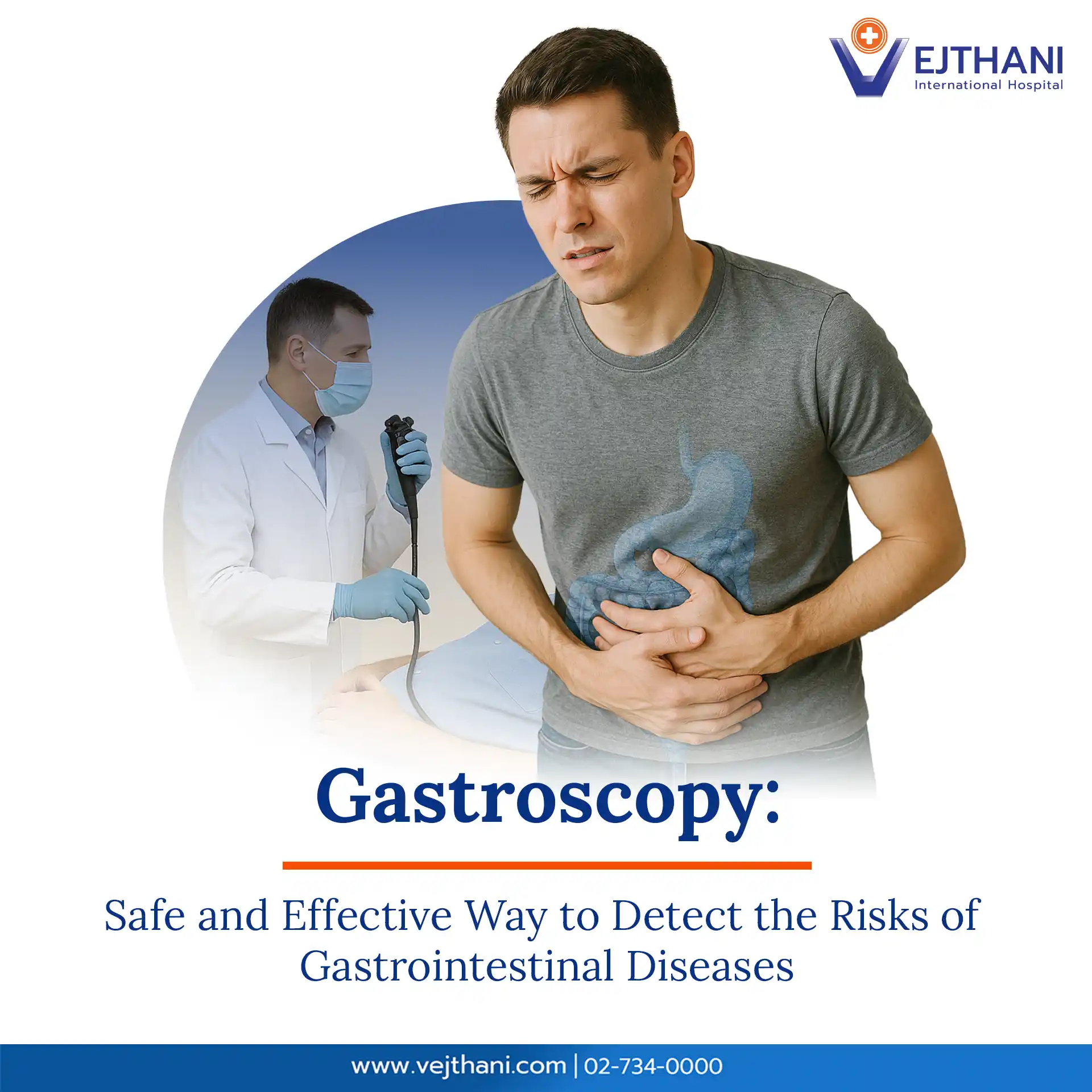 Man with stomach pain and a doctor preparing for a gastroscopy procedure at Vejthani International Hospital to detect gastrointestinal diseases early.