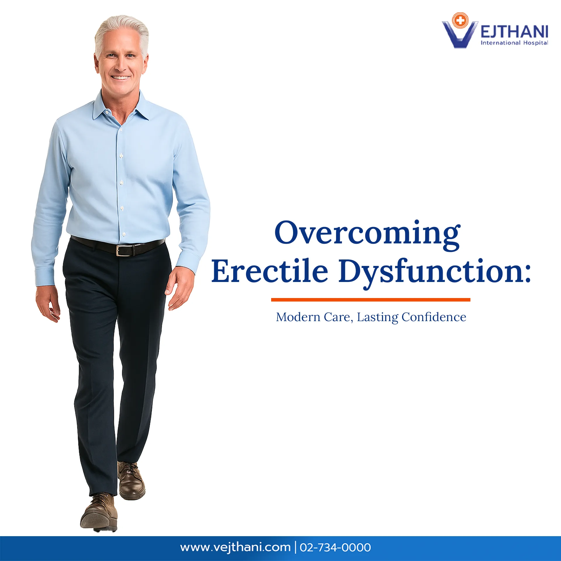 Mature man walking confidently, representing successful erectile dysfunction treatment and restored confidence at Vejthani International Hospital