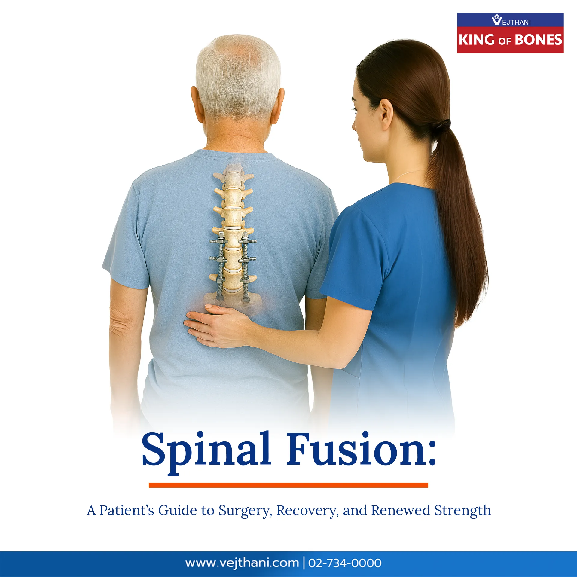 Nurse supporting elderly man with spine diagram showing surgical fusion and metal rods, representing spinal fusion surgery and rehabilitation at Vejthani International Hospital