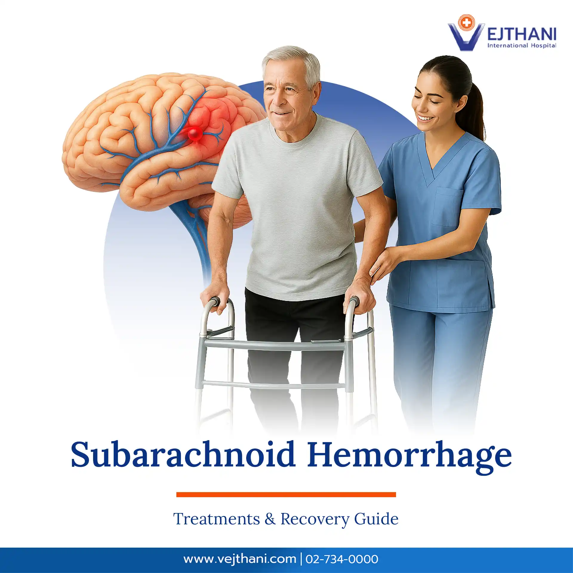 Elderly man using a walker assisted by a nurse with brain illustration showing hemorrhage, representing subarachnoid hemorrhage treatments and recovery at Vejthani International Hospital