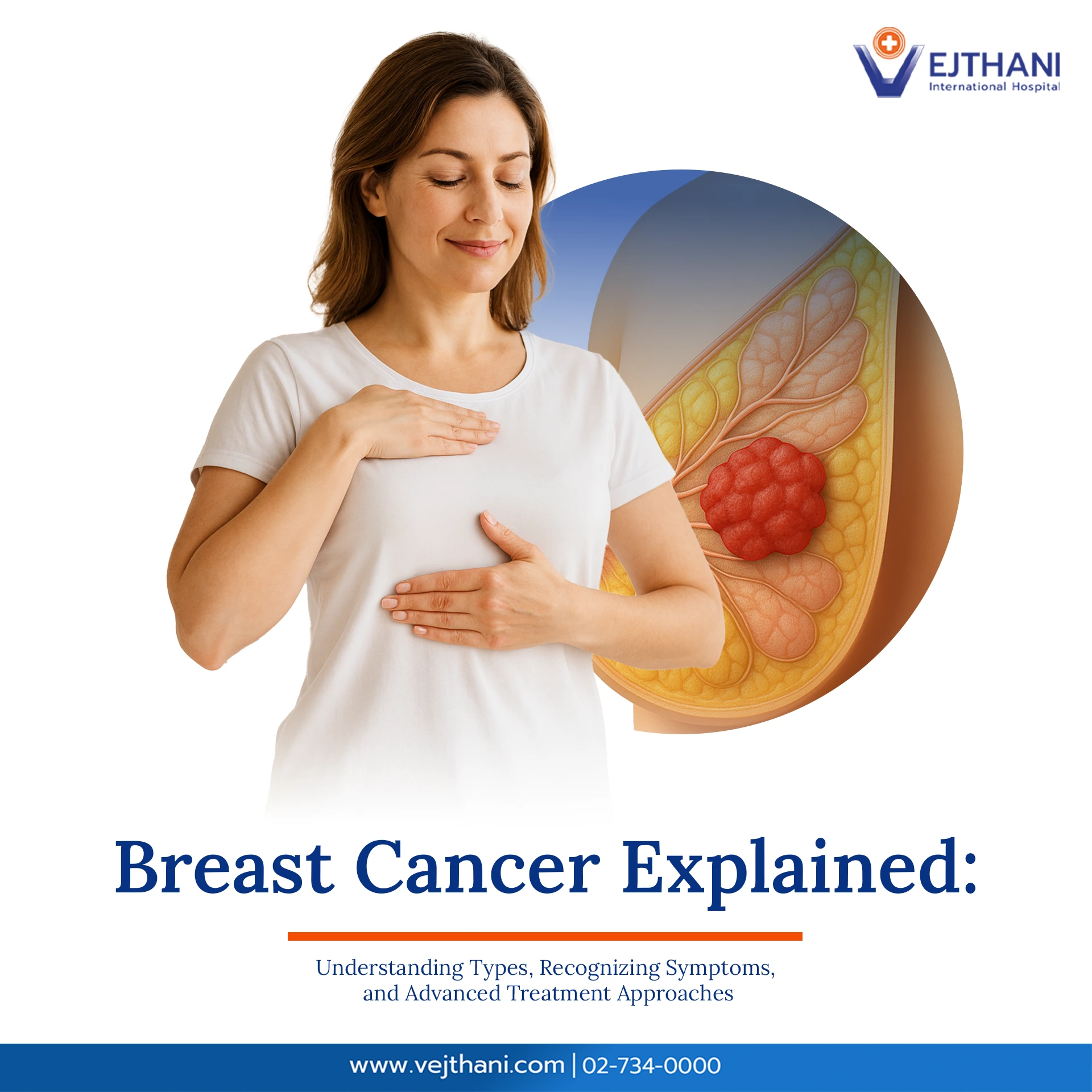 Woman performing breast self-exam with breast anatomy illustration showing tumor, representing breast cancer awareness and diagnosis at Vejthani International Hospital.