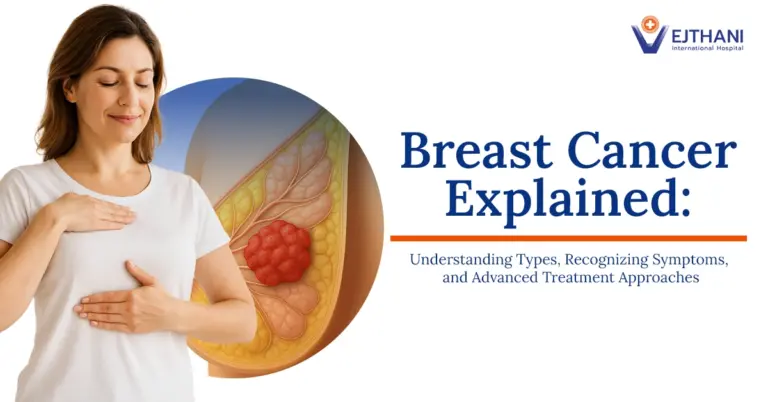 Woman performing breast self-exam with breast anatomy illustration showing tumor, representing breast cancer awareness and diagnosis at Vejthani International Hospital.