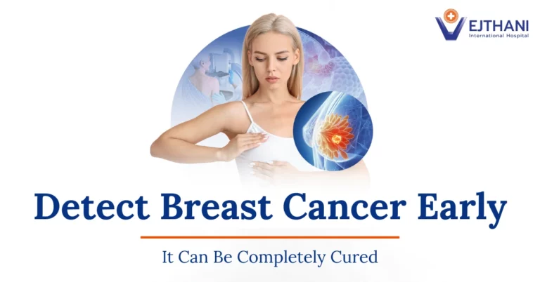 Woman performing breast self-exam with breast anatomy illustration and mammogram screening concept – Vejthani International Hospital