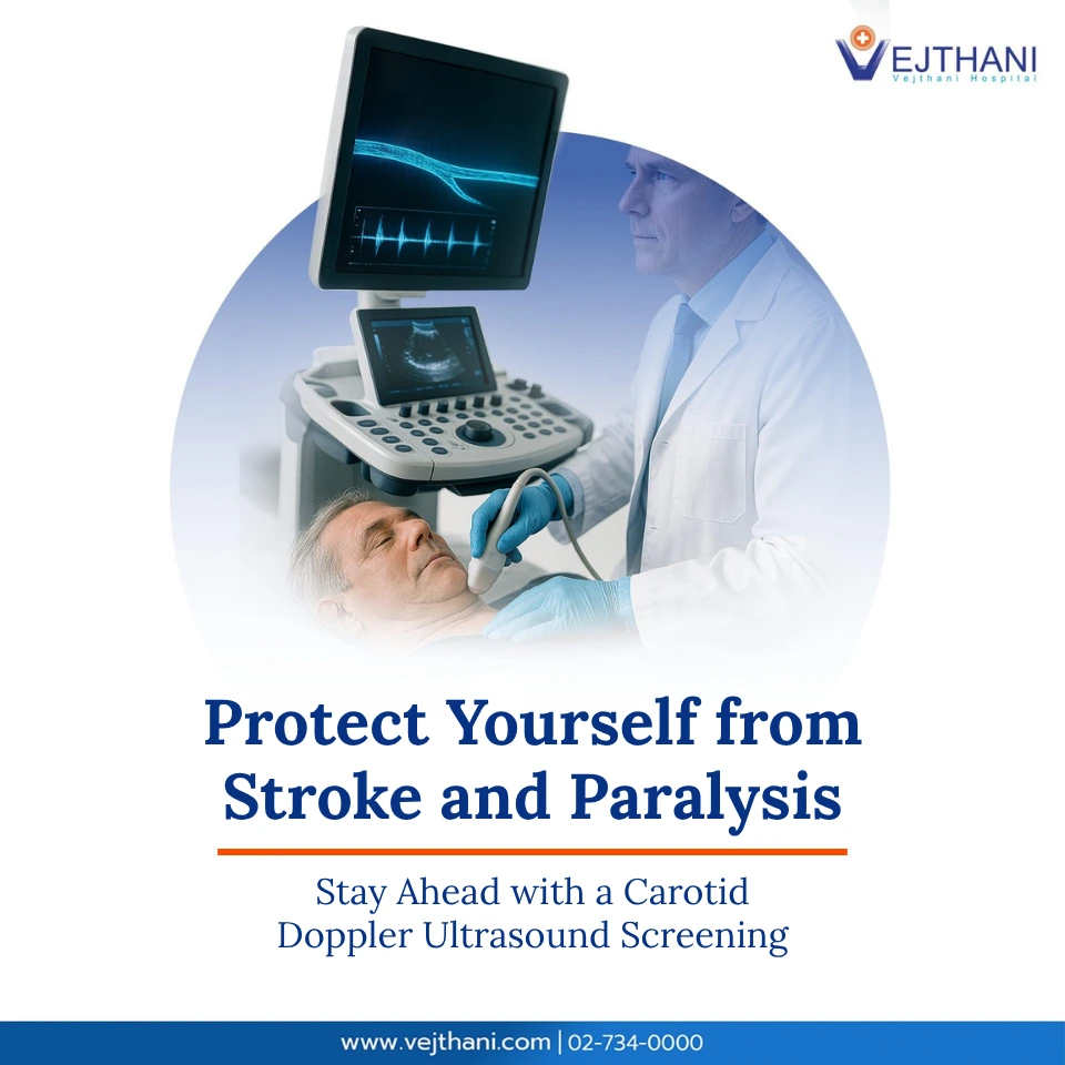 Doctor performing carotid Doppler ultrasound on a male patient to evaluate carotid artery blood flow and prevent stroke at Vejthani International Hospital.