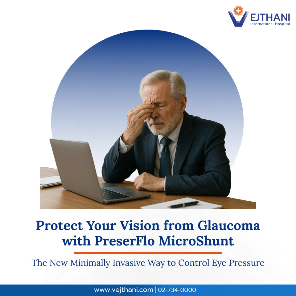 Elderly man touching his eyes in discomfort, symbolizing glaucoma symptoms and the benefits of PreserFlo MicroShunt minimally invasive glaucoma surgery at Vejthani International Hospital.