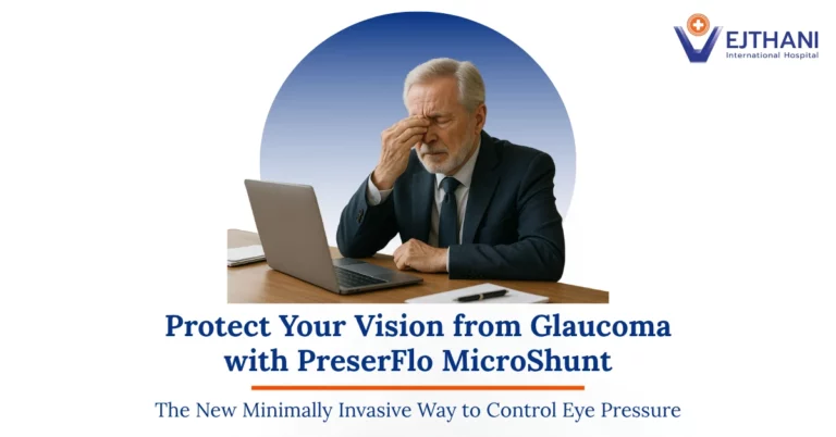 Elderly man touching his eyes in discomfort, symbolizing glaucoma symptoms and the benefits of PreserFlo MicroShunt minimally invasive glaucoma surgery at Vejthani International Hospital.