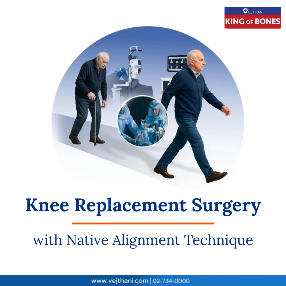 Elderly man walking confidently after robotic-assisted total knee replacement, showcasing natural knee alignment technique at Vejthani International Hospital.
