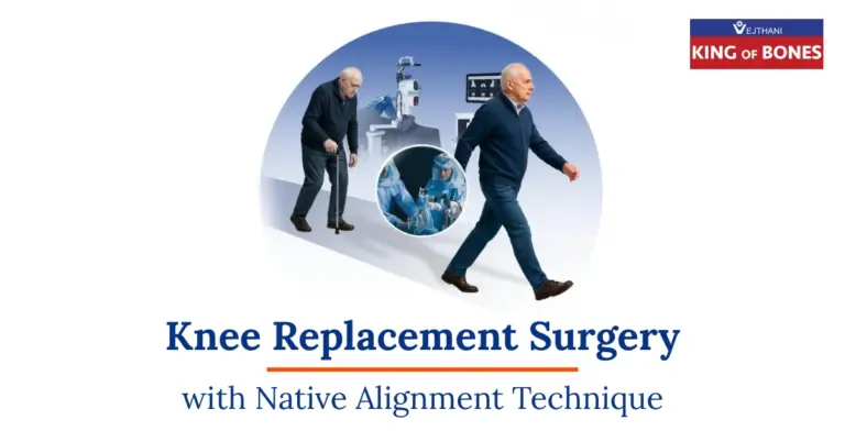 Elderly man walking confidently after robotic-assisted total knee replacement, showcasing natural knee alignment technique at Vejthani International Hospital.