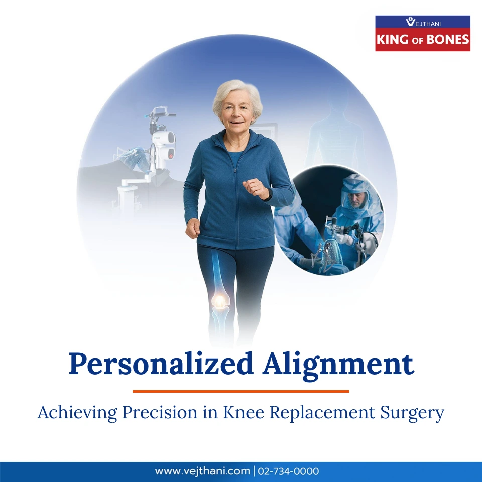 Robotic-assisted knee replacement surgery with personalized alignment, elderly woman walking confidently after recovery – Vejthani International Hospital
