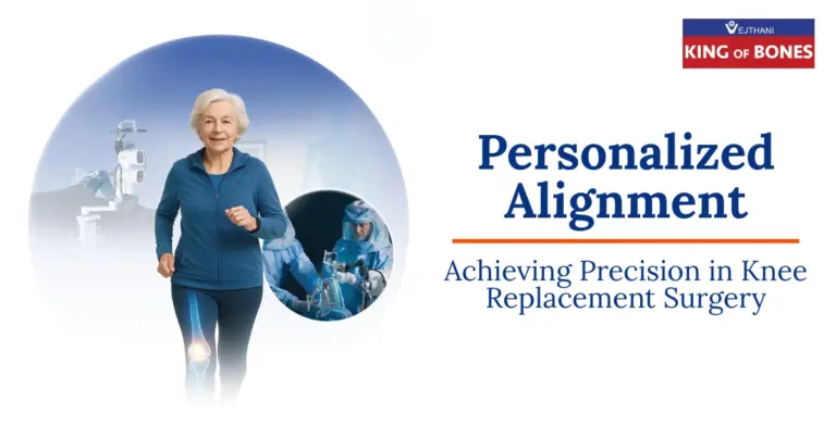 Robotic-assisted knee replacement surgery with personalized alignment, elderly woman walking confidently after recovery – Vejthani International Hospital