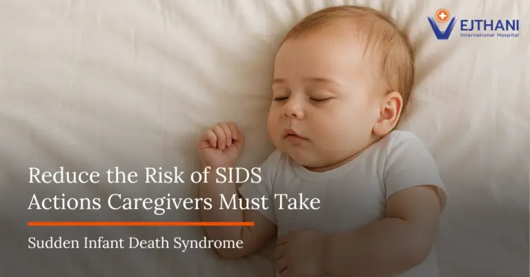 Sleeping baby symbolizing safe sleep practices to reduce the risk of Sudden Infant Death Syndrome (SIDS) through caregiver awareness and prevention at Vejthani International Hospital.