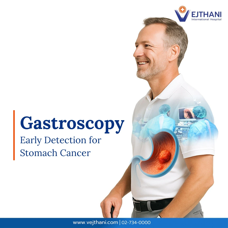 Middle-aged man smiling with stomach illustration, representing gastroscopy screening for early detection of stomach cancer at Vejthani International Hospital.