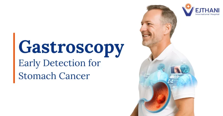 Middle-aged man smiling with stomach illustration, representing gastroscopy screening for early detection of stomach cancer at Vejthani International Hospital.