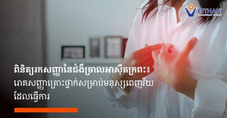 រូបភាព Infographic ពីមន្ទីរពេទ្យអន្តរជាតិវេជ្ជថានី ដែលបង្ហាញពីស្ថានភាពនៃ ជំងឺច្រាលអាស៊ីត (GERD)។ ប្រកបដោយរូបភាពមនុស្សកំពុងតែមានរោគសញ្ញា (ឈឺចាប់ ឬក្ដៅ) នៅបរិវេនចុងដង្ហើម