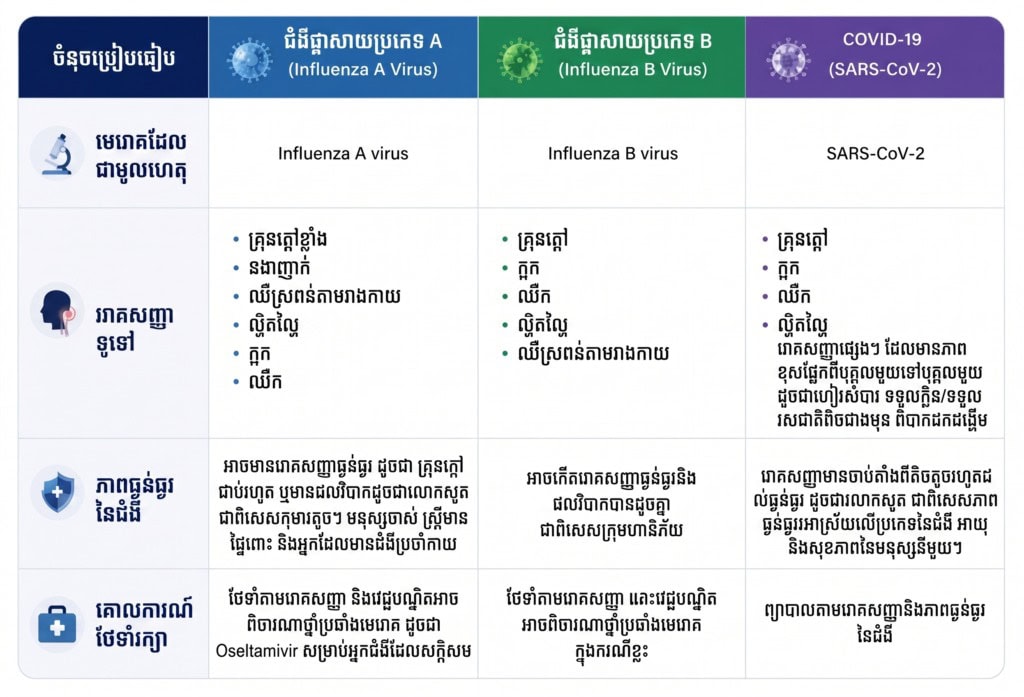 ចំនុចប្រៀបធៀប 	
ជំងឺផ្តាសាយធំប្រភេទ A (Influenza A Virus)
ជំងឺផ្តាសាយធំប្រភេទ B (Influenza B Virus)
COVID-19 (SARS-CoV-2)